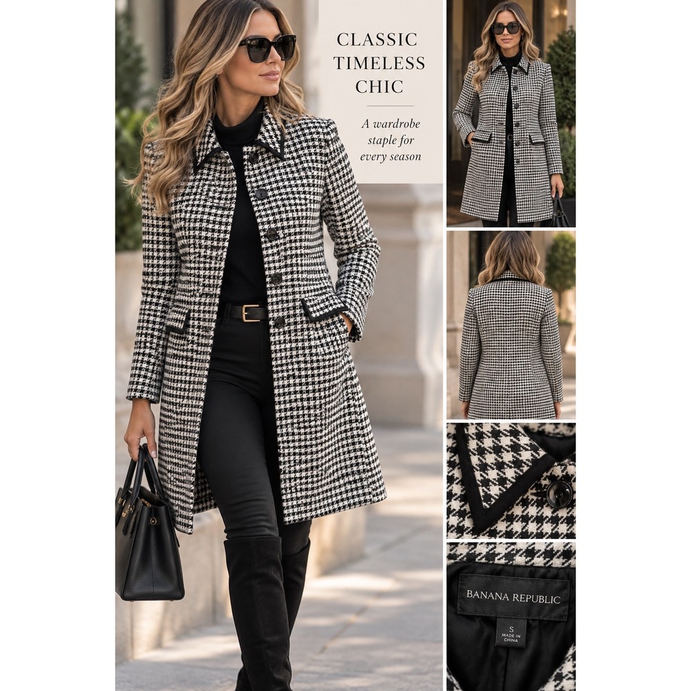 Apostrophe Stretch Houndstooth Wool Blend Coat Black White Size 10 Trench Jacket